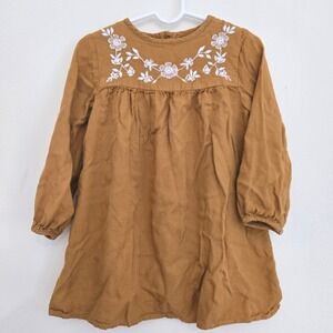 Mango MNG Kids Baby Girls Mustard Yellow Floral Embroidered Dress Size 3-4 104cm